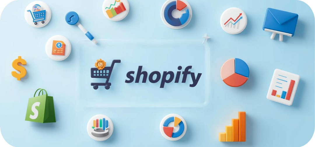3D illustration of Shopify logo surrounded by e-commerce and analytics icons including shopping carts, sales charts, bar graphs, pie charts, and dollar signs, symbolizing online store growth and reporting.