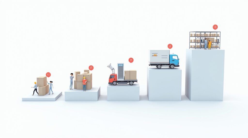 3D infographic showing five interconnected stages of logistics and supply chain management. The stages progress left to right: workers handling large boxes, workers organizing stacked packages, a truck with a server and boxes symbolizing automation and data, a delivery truck in transit, and finally a warehouse with shelves of inventory managed by staff. Each stage has a red circular icon above it representing process steps.