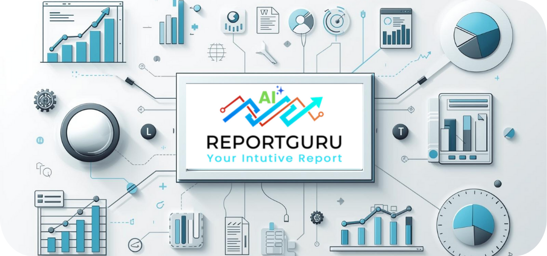 ReportGuru AI logo on a central screen surrounded by 3D analytics icons including bar charts, pie charts, reports, and graphs, representing intuitive reporting and data visualization.