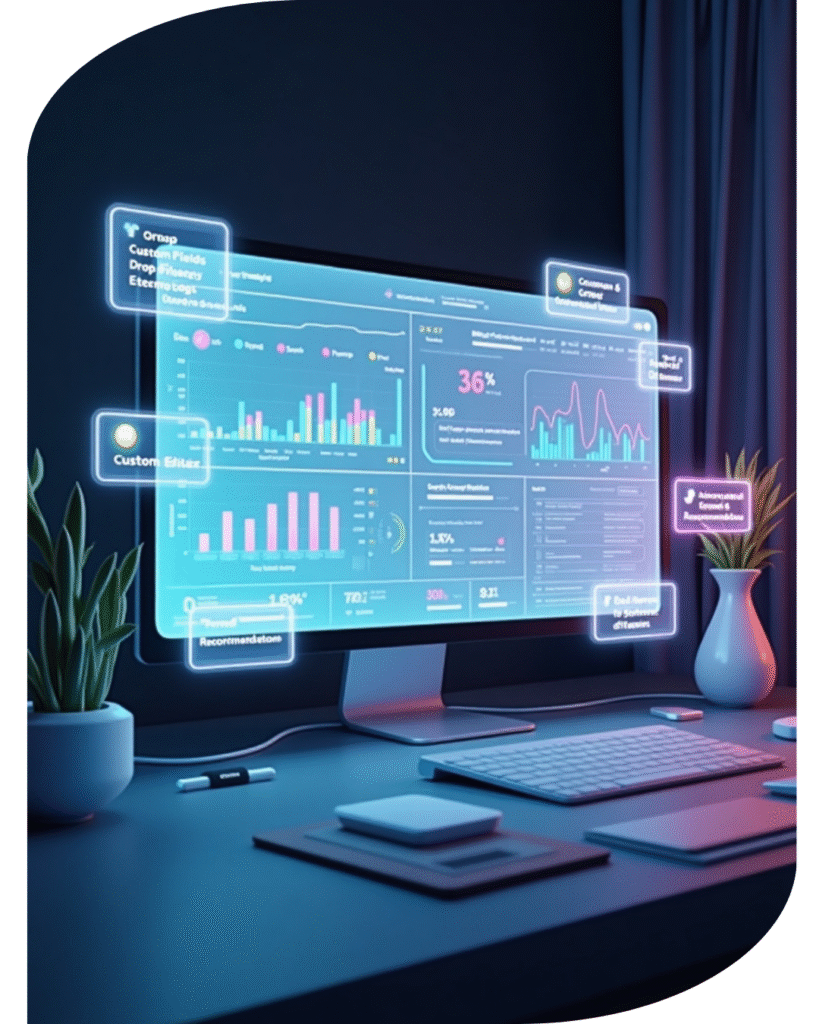 Modern digital workspace with a computer screen displaying interactive analytics dashboard, colorful graphs, charts, and performance metrics in a futuristic interface.