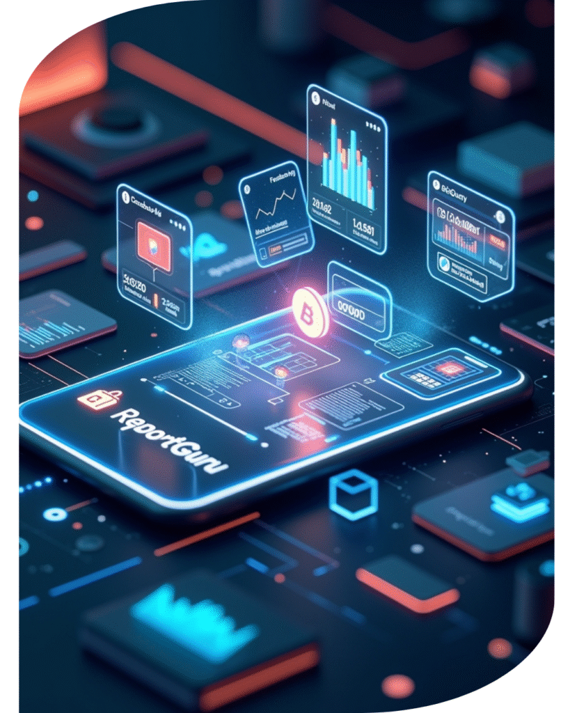 Futuristic digital dashboard on a smartphone with glowing holographic analytics, charts, and data visualizations labeled ReportGuru.