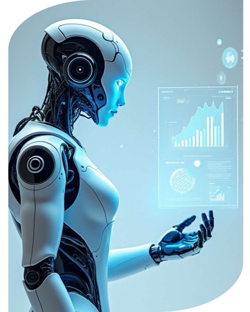Futuristic humanoid robot analyzing glowing holographic data charts and digital analytics interface.