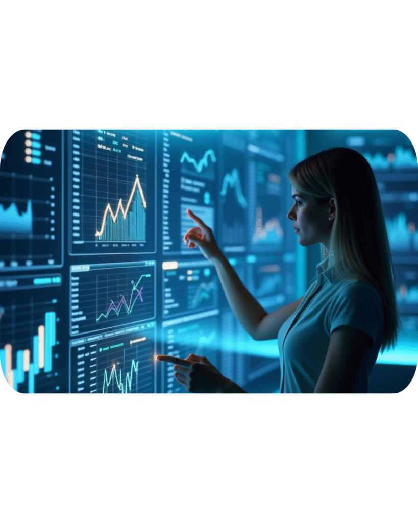 A woman interacting with futuristic digital dashboard displaying charts, analytics, and business performance data.
