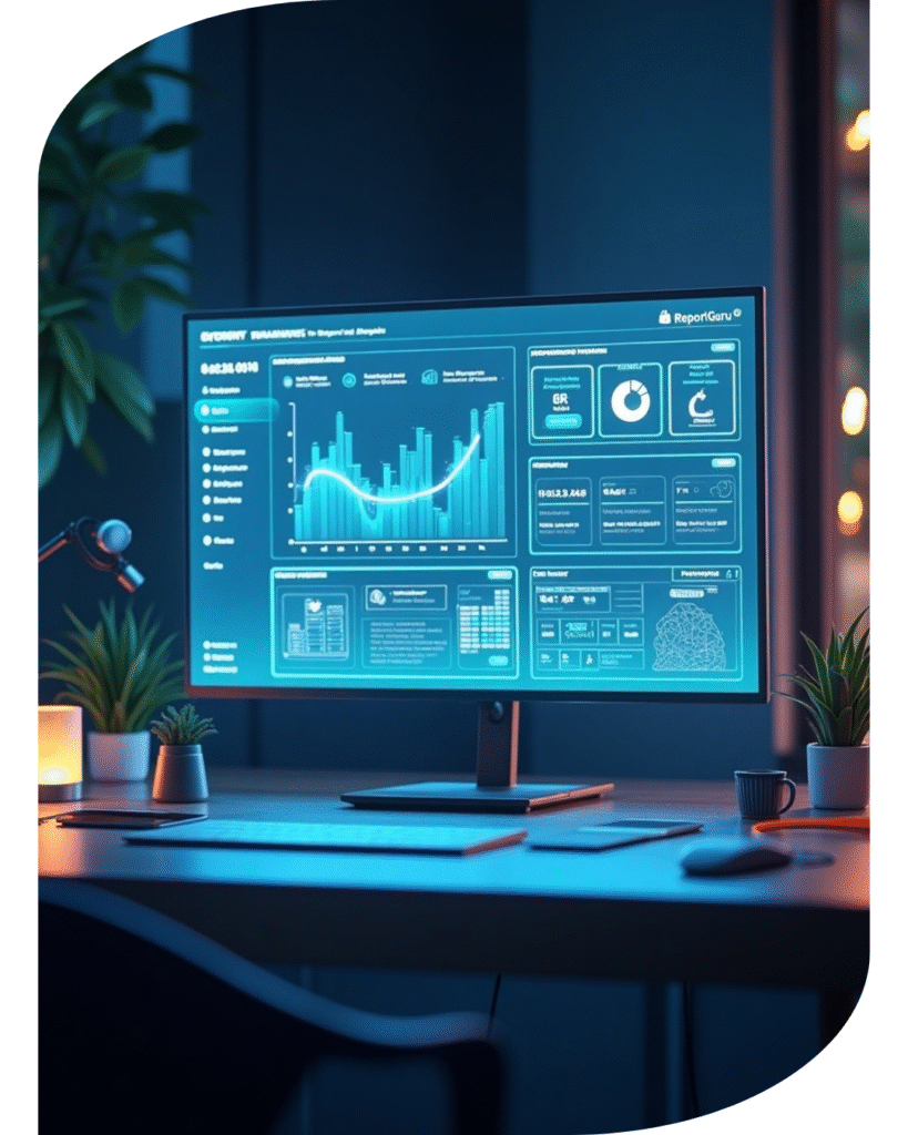 Futuristic digital workspace with a sleek monitor displaying advanced analytics dashboard, charts, and data visualizations in a modern office setting.