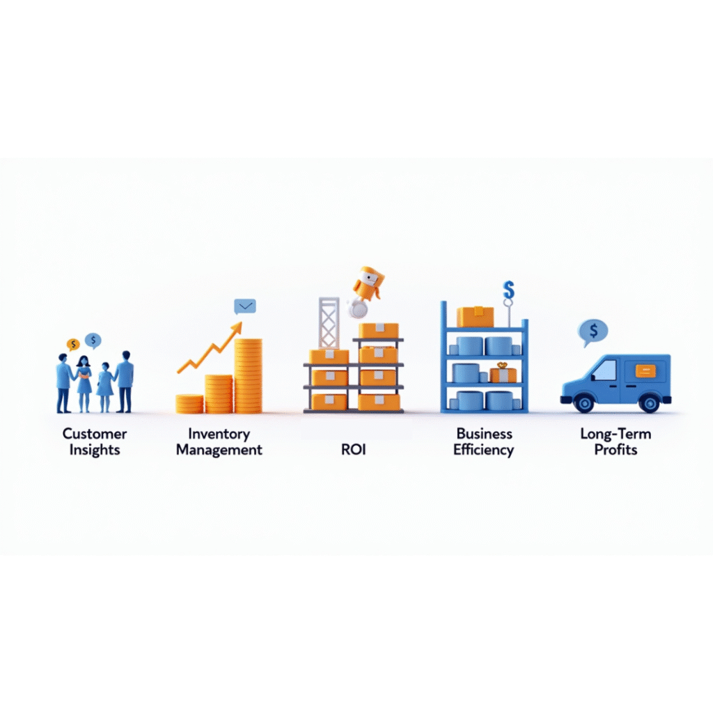 An infographic illustrating key drivers of data-driven business growth. It shows five stages represented with icons: Customer Insights (people with thought bubbles and dollar signs), Inventory Management (stacked coins with an upward graph), ROI (packages being stacked on shelves by a robotic arm), Business Efficiency (organized warehouse shelves with a dollar symbol), and Long-Term Profits (a delivery truck with a dollar symbol).