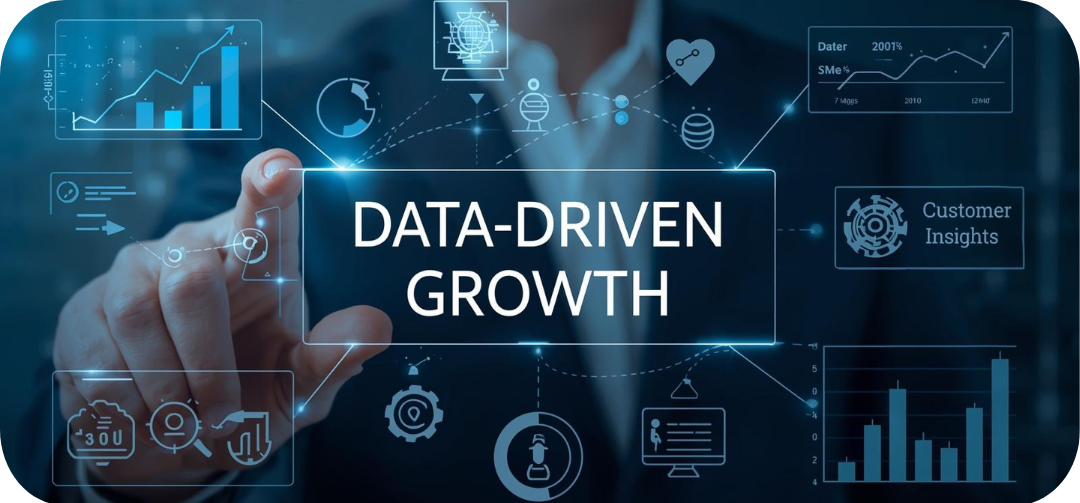 Business professional pointing at a digital interface with the phrase ‘Data-Driven Growth,’ surrounded by icons of analytics, customer insights, dashboards, and bar charts representing data-powered decision making.