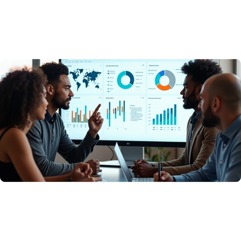A diverse team of four professionals in a modern office collaborates around a large monitor showing vibrant analytics dashboards with placeholder graphs and charts. Daylight streams through the windows, highlighting the group’s mix of casual and formal attire, with one member pointing at the screen and another taking notes on a laptop. A minimalist art piece decorates the wall, adding a creative touch.