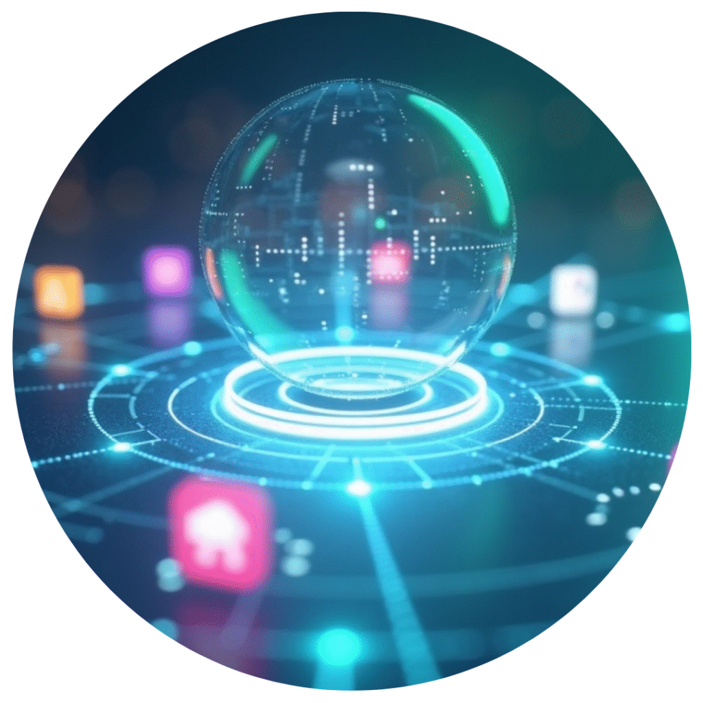 A futuristic 3D illustration of multiple colorful app icons seamlessly connecting through glowing lines into a central holographic hub, symbolizing easy integration and unified workflows.