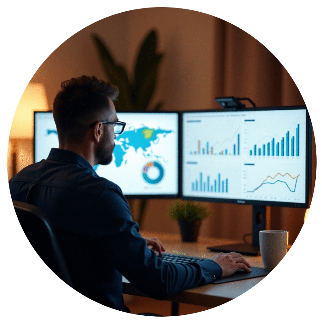 An entrepreneur working at a modern desk with dual monitors displaying business analytics, charts, and graphs, analyzing global data trends in a professional office setting.