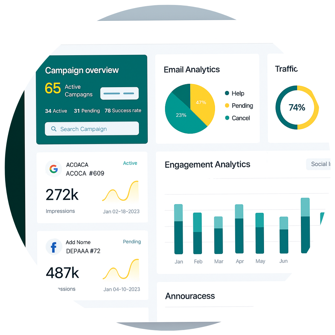 A modern digital marketing analytics dashboard interface showing campaign overview, mail statistics, traffic effectiveness, engagement analytics, and schedule insights. The username is displayed as “User” without a profile photo.
