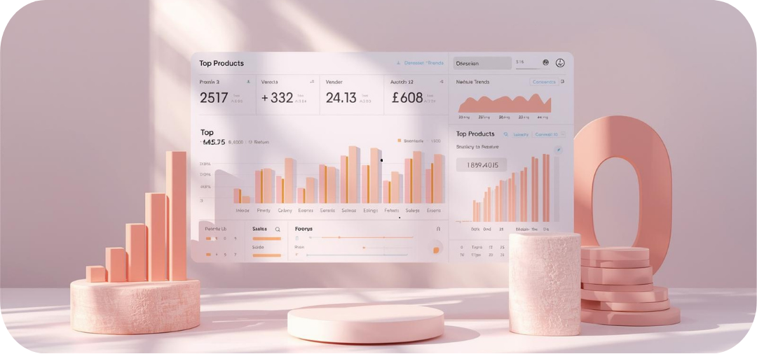 Modern 3D data visualization dashboard with sales and product performance charts in pastel peach and white background.