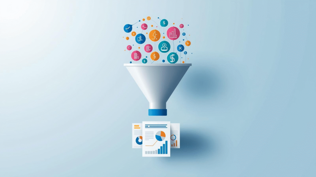 Illustration of a sales funnel with colorful business icons flowing in and reports with graphs and charts coming out.