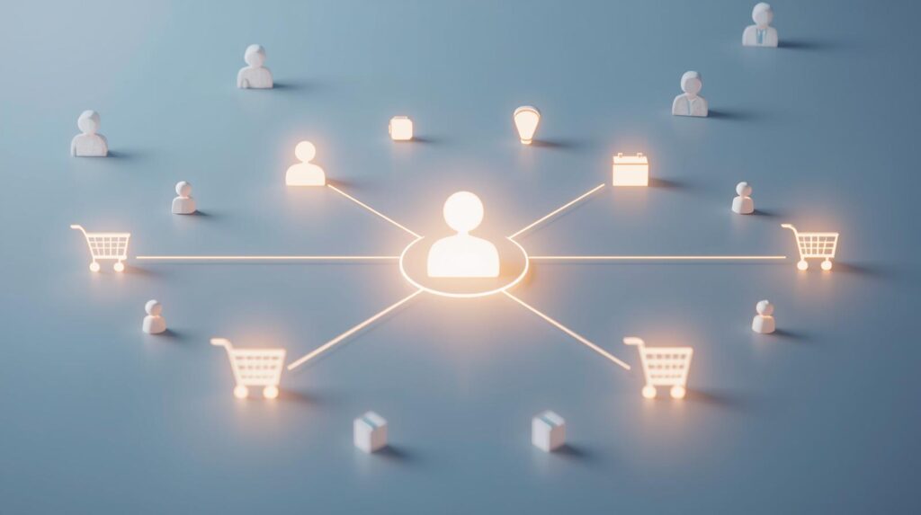 Customer-centric digital marketing concept with glowing central user icon connected to shopping carts and business icons.