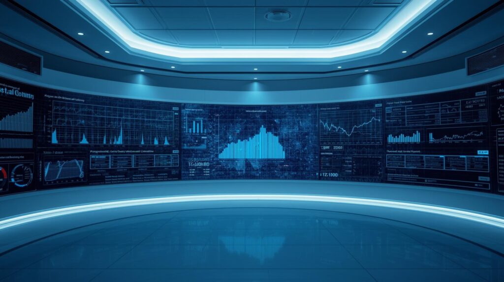 A futuristic control room with a curved wall of digital screens displaying various charts, graphs, and data analytics, illuminated by blue lighting and a reflective floor.