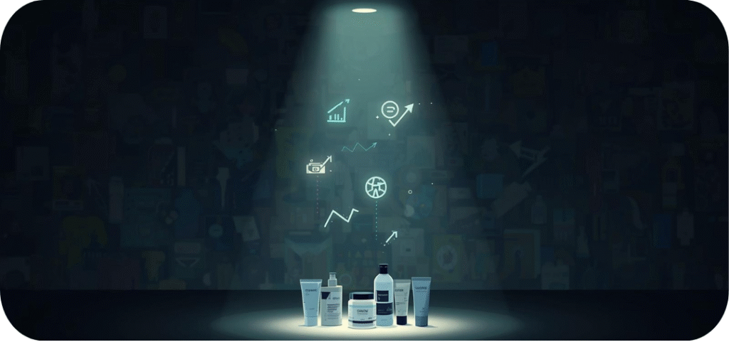 Spotlight shining on a group of skincare product bottles and tubes, with floating icons above representing analytics, growth, marketing, and performance metrics, symbolizing highlighting best-selling products."