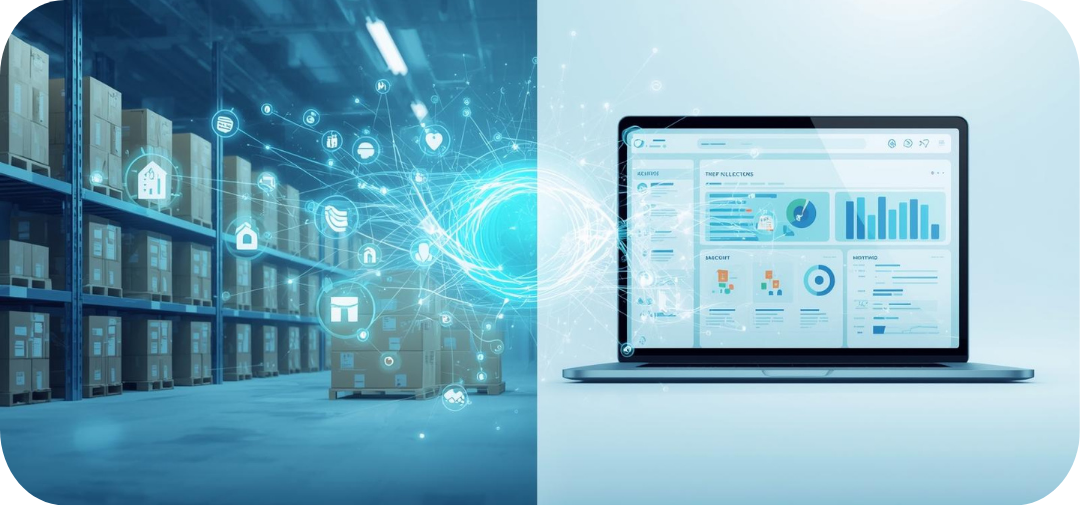 Digital illustration showing the connection between warehouse fulfillment and online store analytics, with shelves of boxes on the left and a laptop displaying reports and charts on the right.