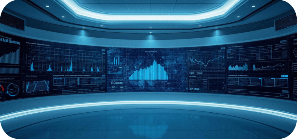 A futuristic control room with a curved wall of digital screens displaying various charts, graphs, and data analytics, illuminated by blue lighting and a reflective floor.