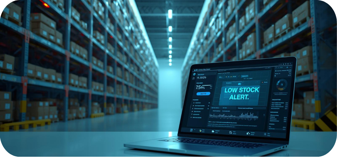 Laptop on a desk inside a modern warehouse, displaying a digital dashboard with a prominent “Low Stock Alert” notification, with shelves of cardboard boxes in the background.