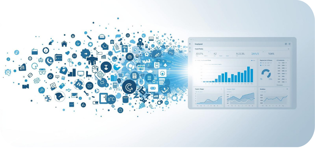 A storm of random data icons transforming into a clear, bright analytics dashboard (representing clarity).