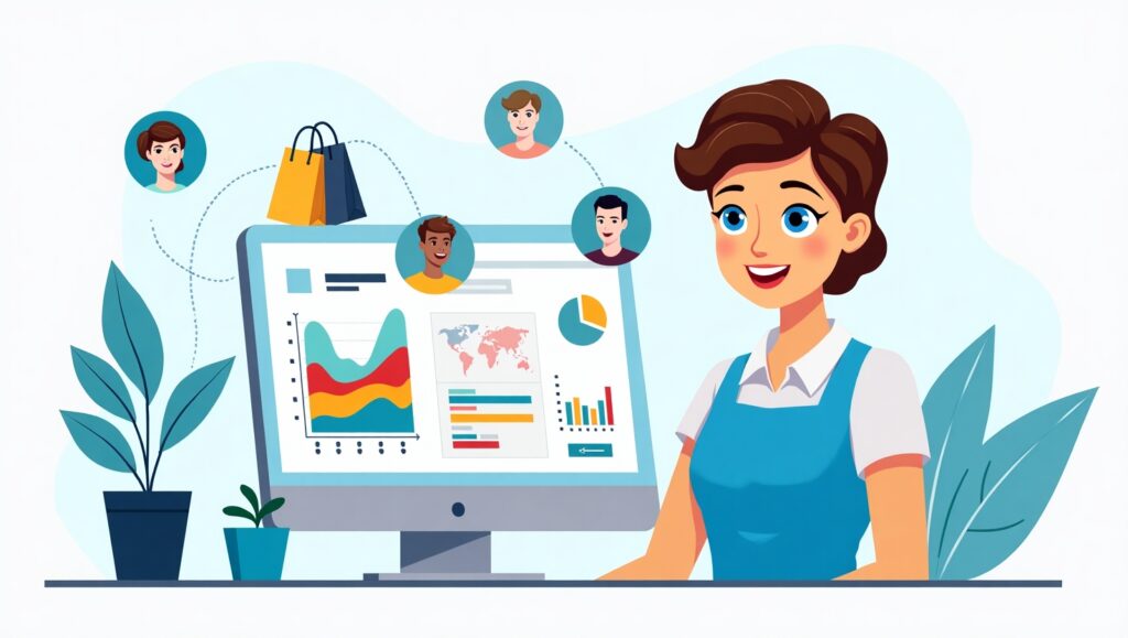Smiling business owner sitting at a desk with a computer screen displaying customer analytics, repeat purchase trends, and sales charts, surrounded by icons of happy customers and shopping bags.