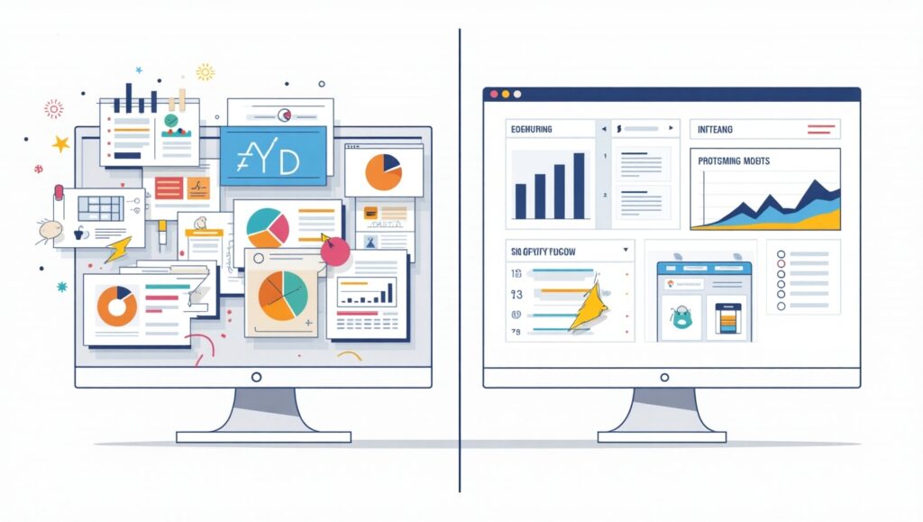 Illustration of two computer monitors side by side: the left screen cluttered with overlapping charts, graphs, and reports, while the right screen shows a clean, organized dashboard with clear data visualizations and graphs.
