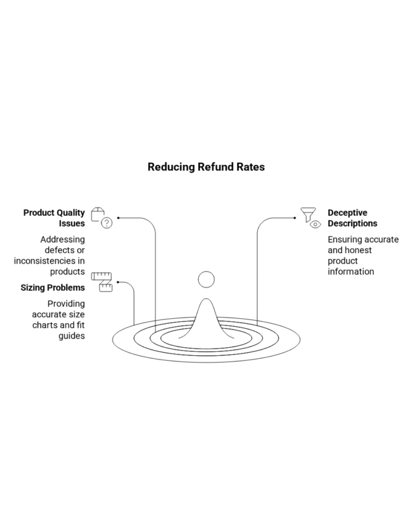 Diagram titled "Reducing Refund Rates" with a central figure and concentric rings (green, yellow, orange). Three arrows point to the center: "Sizing Problems" (green, ruler icon, "accurate size charts"), "Product Quality Issues" (orange, question mark, "address defects"), and "Deceptive Descriptions" (yellow, magnifying glass, "honest information").