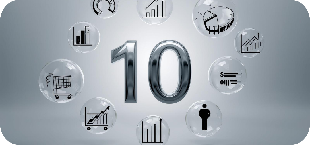 A bold number “10” in the center with 10 floating metric icons (shopping cart, bar chart, pie chart, dollar sign, customer icon).