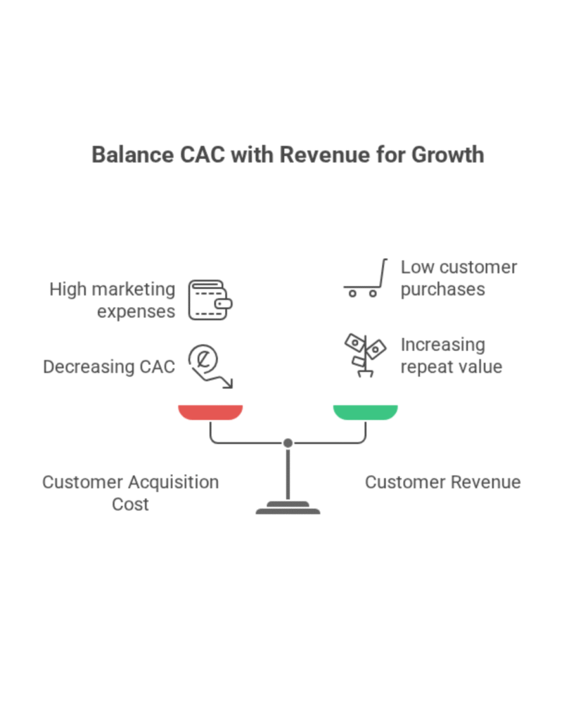 Infographic illustrating how Shopify stores can balance customer acquisition cost and customer revenue, showing factors like high marketing expenses, decreasing CAC, low customer purchases, and increasing repeat value.