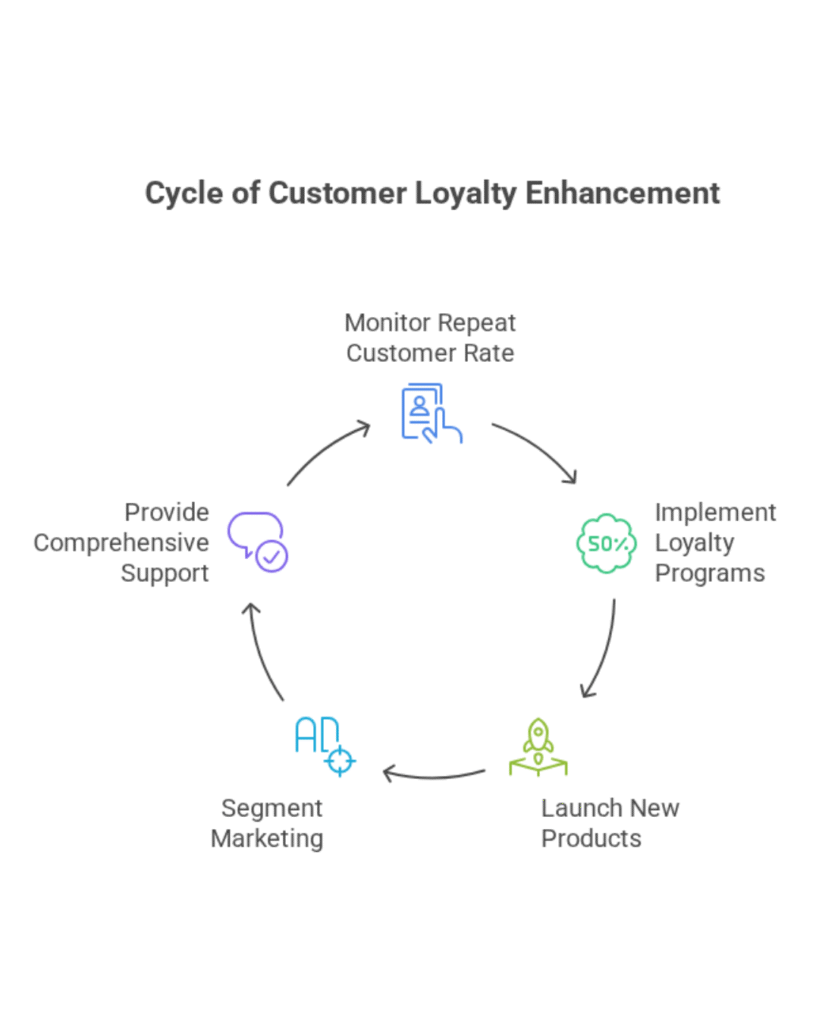 Infographic showing the cycle of customer loyalty enhancement in Shopify stores, including steps like monitoring repeat customer rate, implementing loyalty programs, launching new products, segment marketing, and providing comprehensive support.