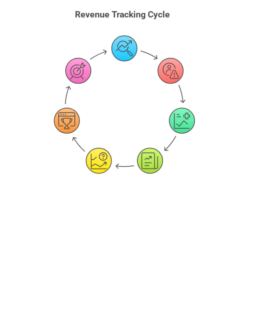 Cycle diagram showing revenue growth process for Shopify stores, including monitoring revenue, analyzing reports, identifying flat growth, re-examining strategies, and implementing changes.