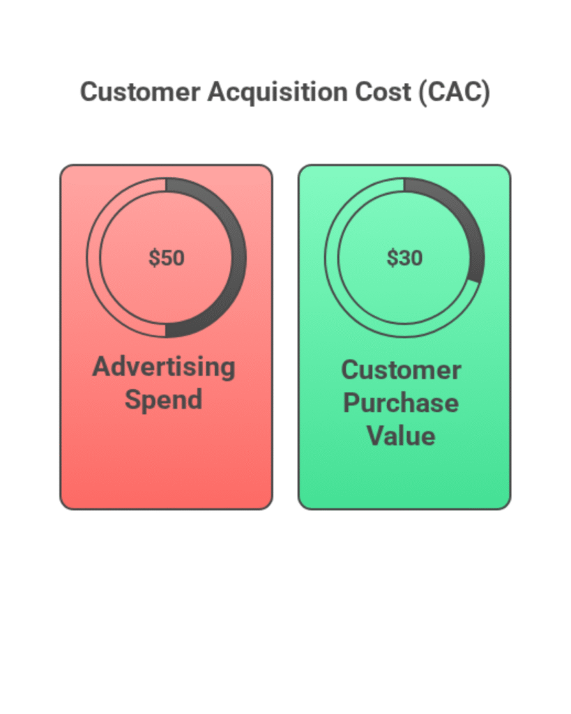 Infographic illustrating how Shopify stores can balance customer acquisition cost and customer revenue, showing factors like advertising spend and customer purchase value.