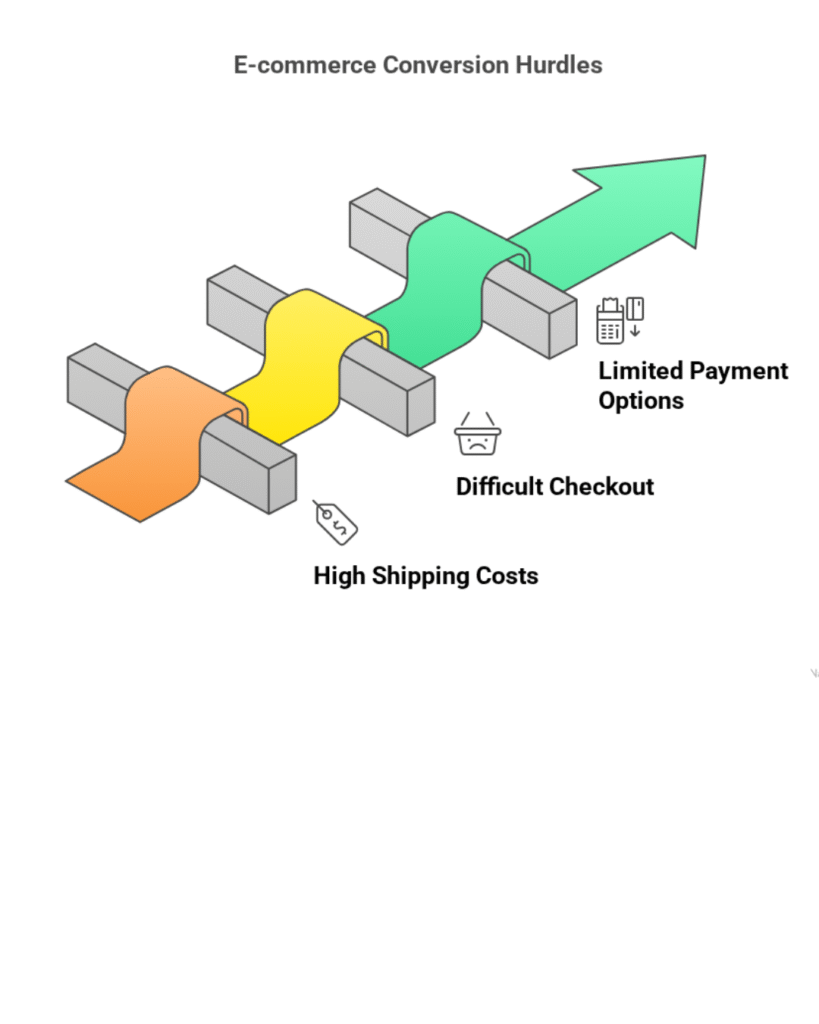 Infographic showing reasons for high cart abandonment in Shopify stores, including high shipping costs, difficult checkout process, and limited payment options, all leading to lost sales opportunities.