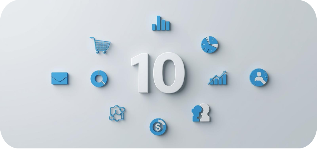 A bold number “10” in the center with 10 floating metric icons.