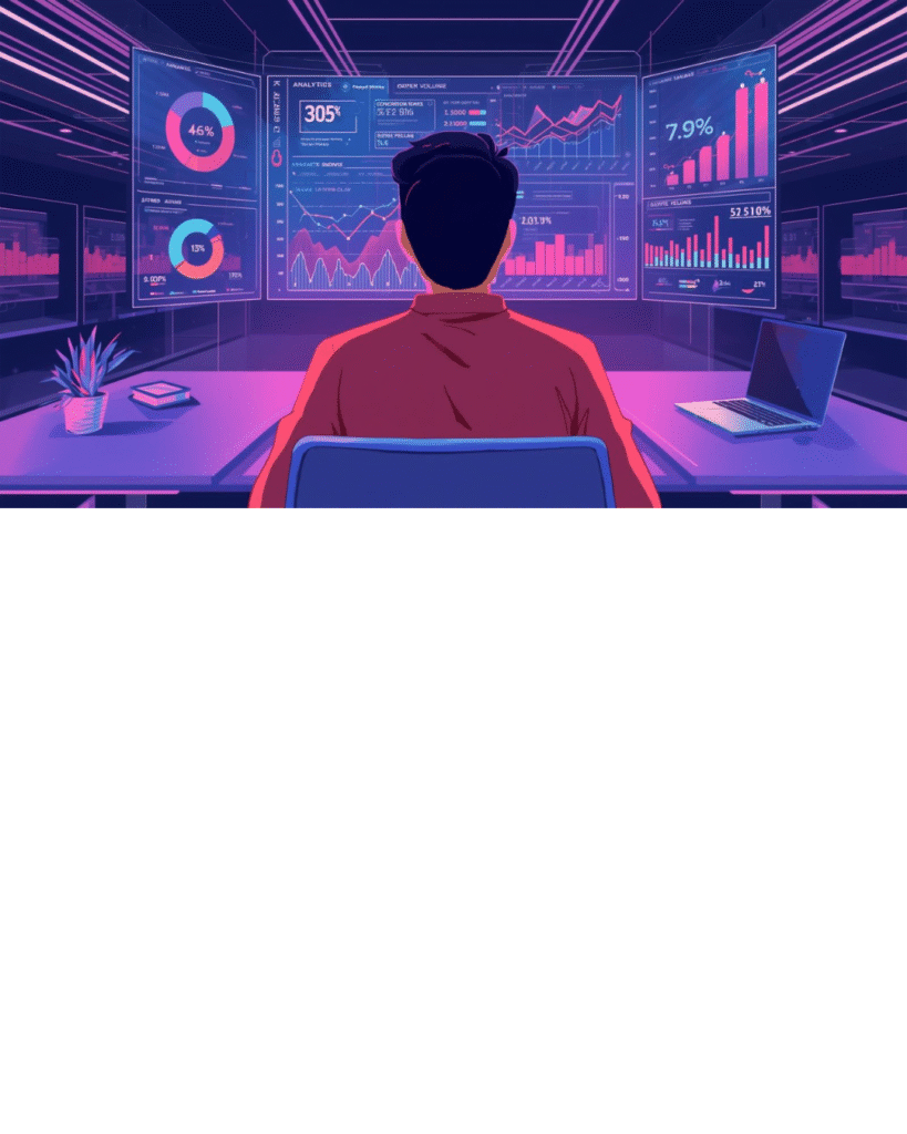 Illustration of a person sitting at a desk, analyzing multiple futuristic data dashboards with charts, graphs, and analytics, representing Shopify store performance tracking.