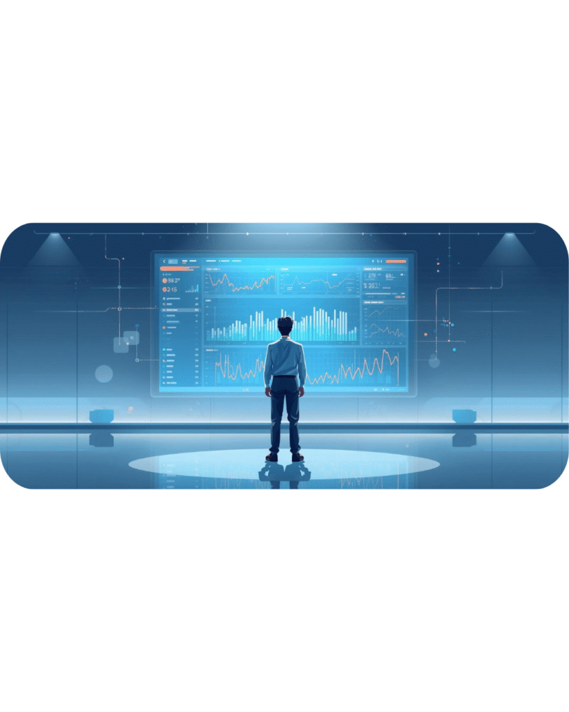An illustration of a person standing with their back to the viewer, facing a large digital screen displaying various charts, graphs, and data analytics in blue hues. The setting is a futuristic room with a reflective floor, illuminated by overhead lights, and interconnected lines suggesting a high-tech environment.