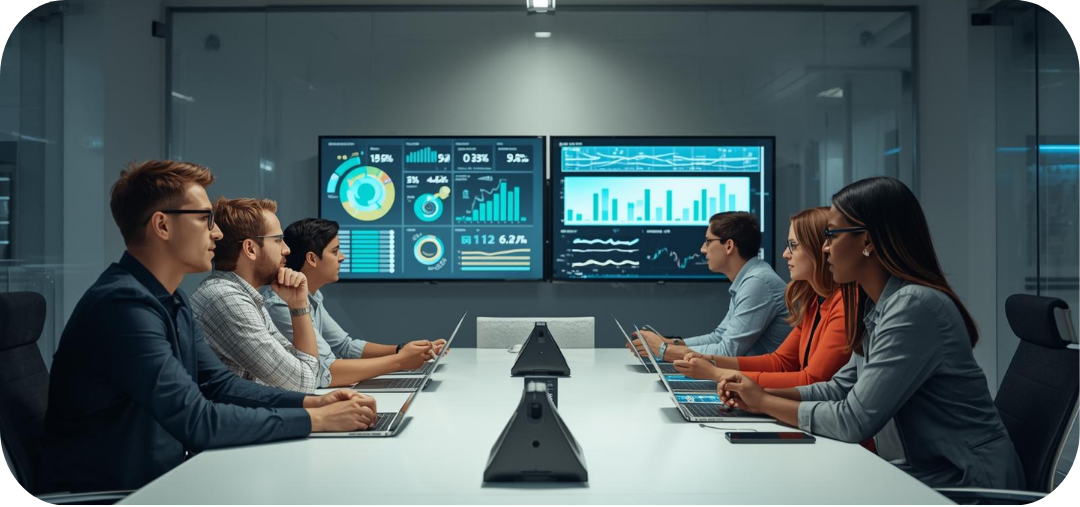 A team around a table with big digital screens showing Shopify reports, brainstorming strategies.