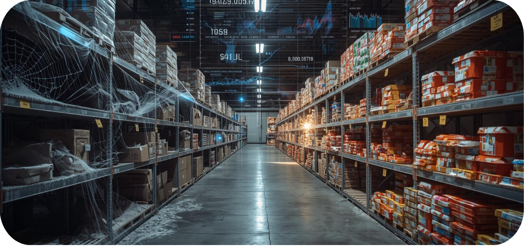 Warehouse aisle with shelves full of packaged products on the right and dusty shelves with cobwebs on the left, symbolizing dead stock versus active inventory, with digital analytics overlays above.
