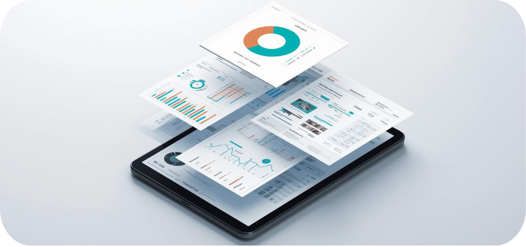 A tablet displaying a digital interface with multiple overlapping data sheets and graphs, including pie charts, bar graphs, and tables, illustrating financial or analytical information in a modern, layered design.
