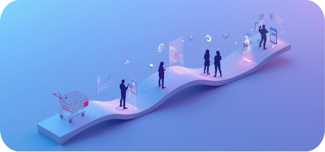 Digital illustration of a shopping cart transforming into a flowing customer journey path with silhouettes of people, data charts, and reports representing insights and customer touchpoints.
