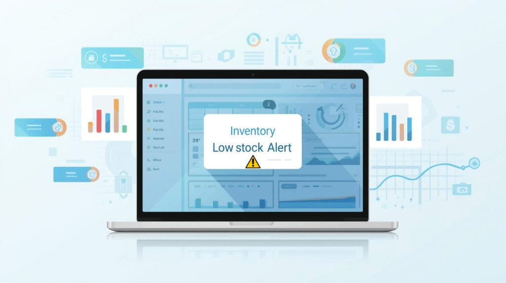 Laptop screen showing an inventory dashboard with a highlighted “Low Stock Alert” notification, surrounded by data charts and icons symbolizing analytics and ECommerce performance.