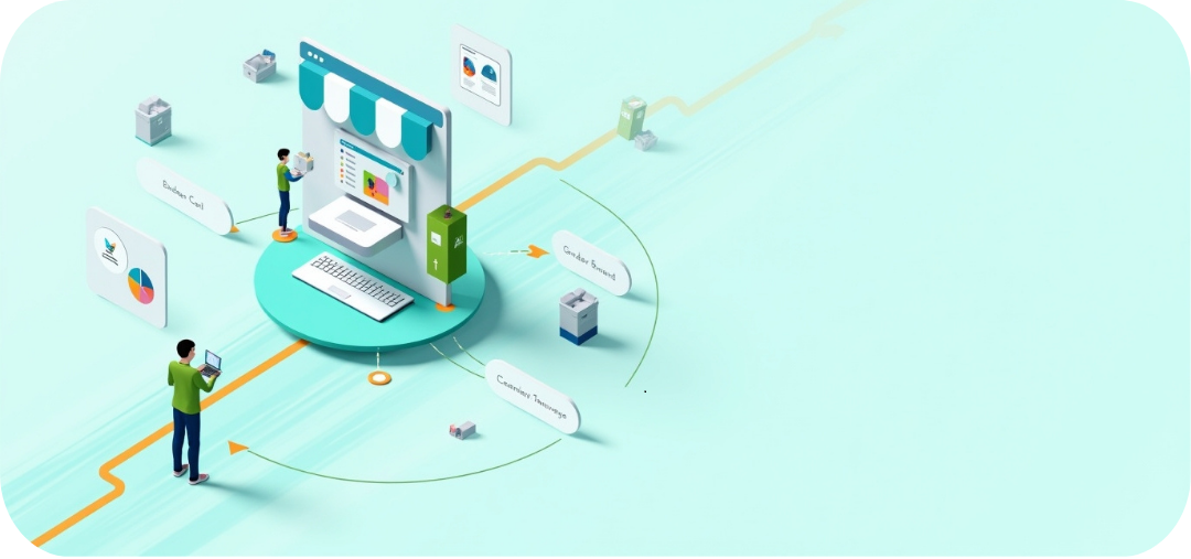 An infographic depicting an e-commerce process on a light teal background. Two animated figures are involved: one on the left with a laptop, and one in the center interacting with a large computer screen displaying an online store interface with charts and graphs. The process is illustrated with an orange dotted path connecting various stages. Elements include a "Extend Cart" label with a pie chart, "Customer Journey" with a box icon, "Gender Send" with a package icon, and a central computer setup with a keyboard and monitor. Additional small boxes and packages are scattered along the path, symbolizing different stages of the customer journey and e-commerce operations.