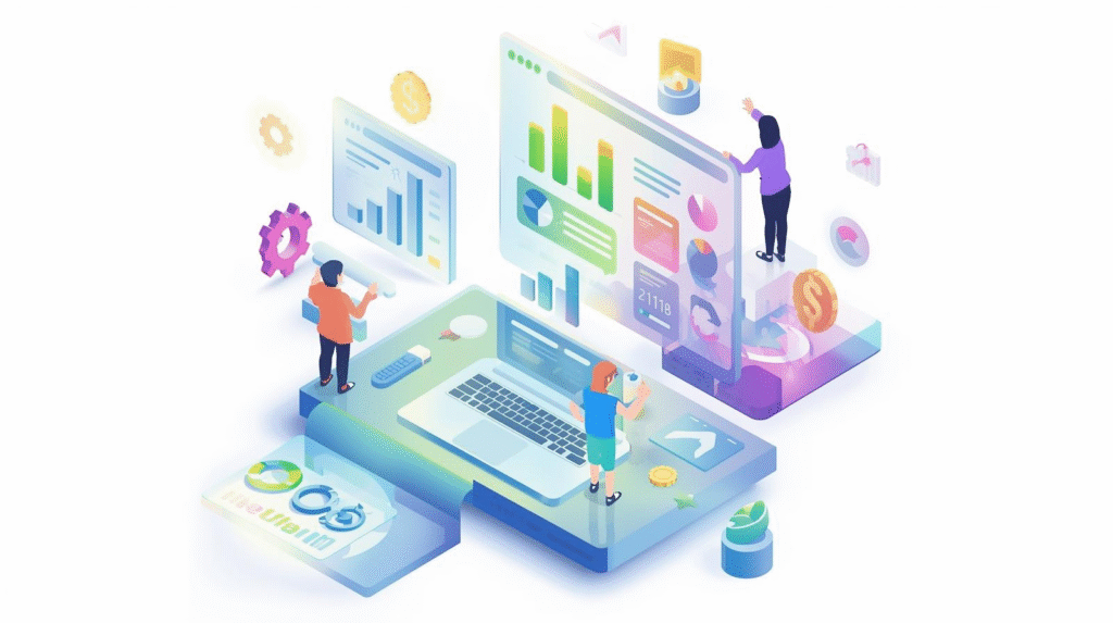 A 3D isometric digital illustration of a multi-panel dashboard floating above a modern desk. Each panel represents a UTM medium, referring site, or landing page, with performance indicators.