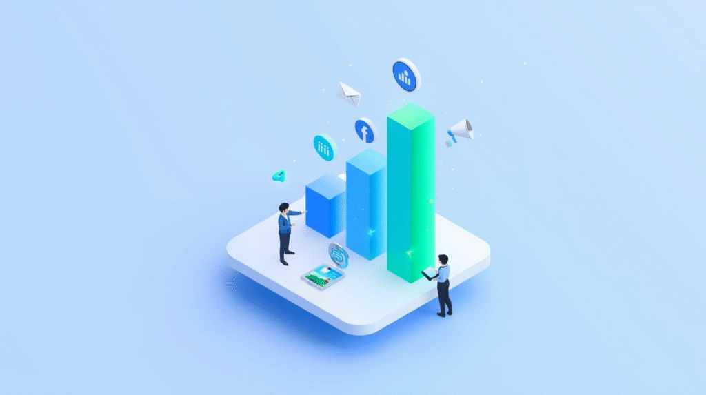 A 3D isometric digital illustration of a marketing analytics dashboard floating above a stylized office desk alongwith display bars for Email, Social Media, and Paid Ads, with Email standing out in height and color.