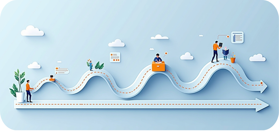 Customer Journey flow illustration in a clean, modern business style. A smooth horizontal path with five stages represented by simple icons: Awareness, Consideration, Purchase, Retention, Advocacy. Minimalistic design, soft gradients, neat lines, subtle shadows, professional color palette, no text, no logos. Highly detailed and visually balanced.