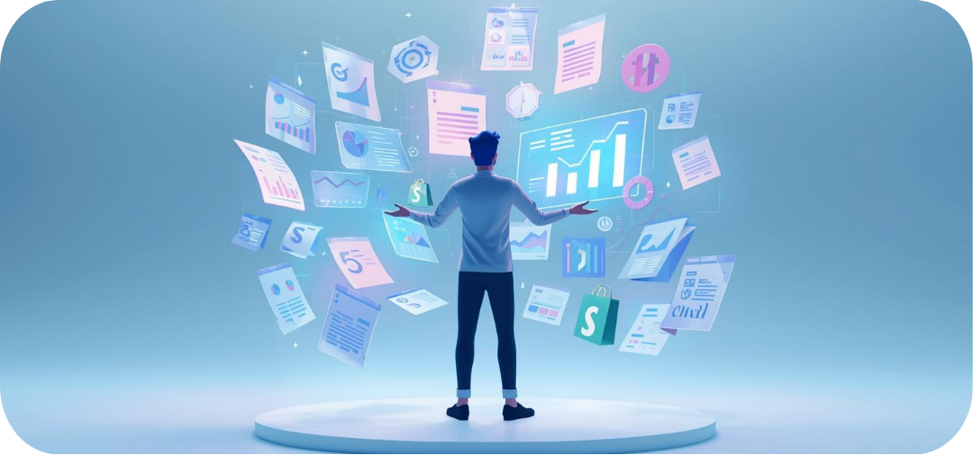 A 3D illustration of a solopreneur standing on a digital platform surrounded by floating analytics charts, Shopify icons, and performance reports, symbolizing ecommerce insights and business growth.