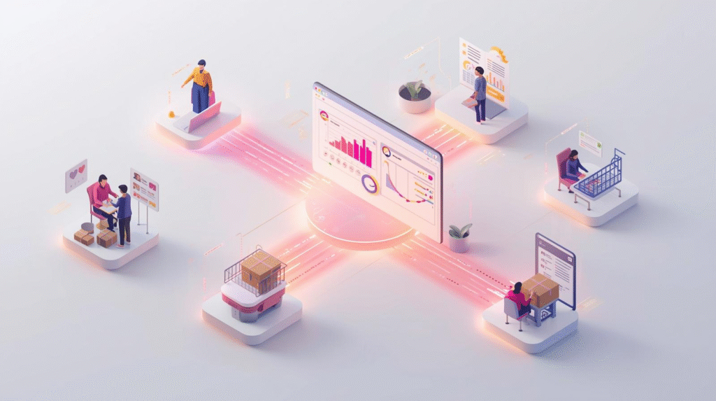 A high quality professional stock photo featuring a clean, well-lit isometric illustration showcasing a Shopify customer journey. The illustration depicts distinct small isometric scenes representing each stage: a user discovering a product on social media, browsing on a laptop, adding an item to their cart, completing the checkout process, and finally, receiving a product package. These scenes are interconnected by glowing, vibrant data lines that converge into a central, detailed analytics dashboard. The composition is sharp and meticulously organized, emphasizing clarity and professional appeal.