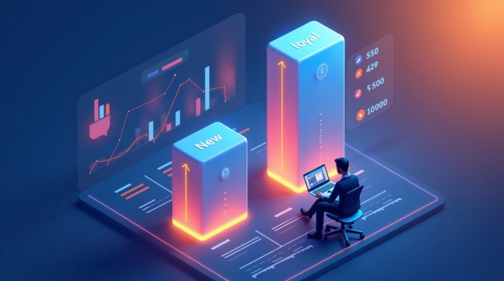 Isometric dashboard showing two glowing 3D columns labeled “New” and “Loyal,” with revenue bars beside each, analyst figure working on laptop, futuristic data environment, gradient lighting (blue and orange), corporate Ecommerce analytics look.