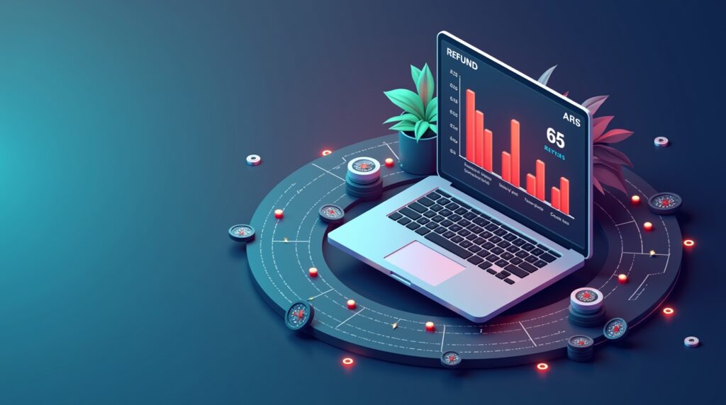 Isometric illustration of a data dashboard showing refund and return rates with circular arrows, boxes and coins around, glowing red and green highlights, digital workspace with charts, futuristic and clean Ecommerce analytics style.