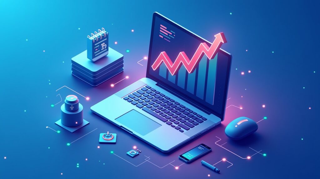 Isometric illustration of a digital dashboard with a glowing line chart rising over time, calendar icons floating beside it, professional workspace setup with laptop and analytics screens, gradient blue tones, futuristic data visualization, Ecommerce analytics theme.