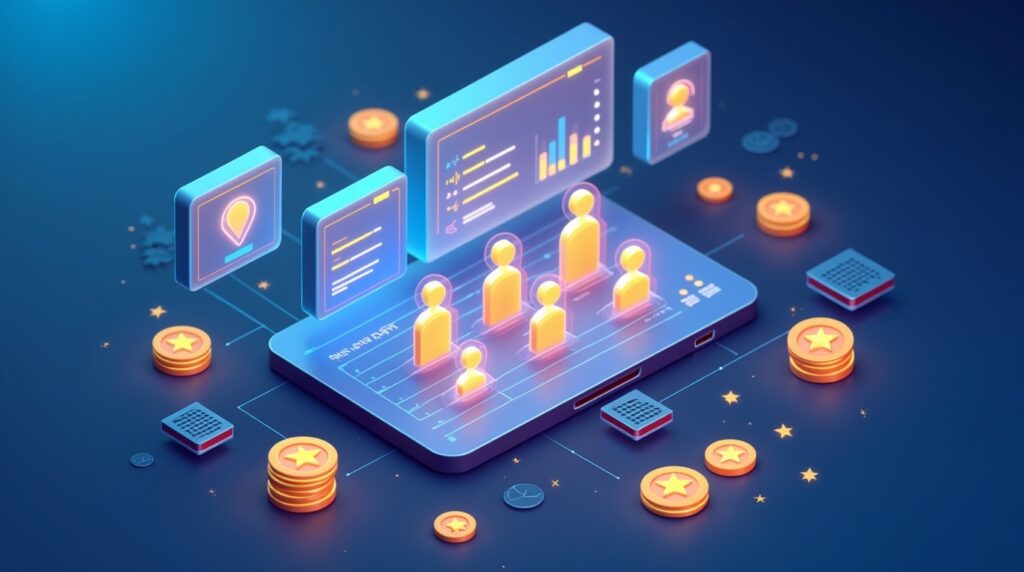 Isometric illustration of a glowing digital dashboard highlighting Valuable Customers, 3D customer icons with gold stars and coins beside them, ranked panels showing high-value users, futuristic analytics workspace, gradient blue and gold tones, floating data charts, modern Ecommerce visualization, premium business intelligence vibe.